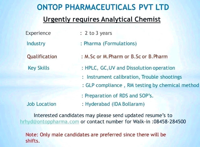 Job Availables, Ontop Pharmaceuticals Pvt Ltd Job Vacancy For Analytical Chemist