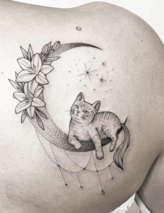 Cat-with-Flowers-Sitting-on-the-Moon-Back-Shoulder-Tattoo