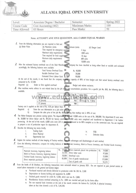 Aiou Past Papers BA 462 Spring 2022