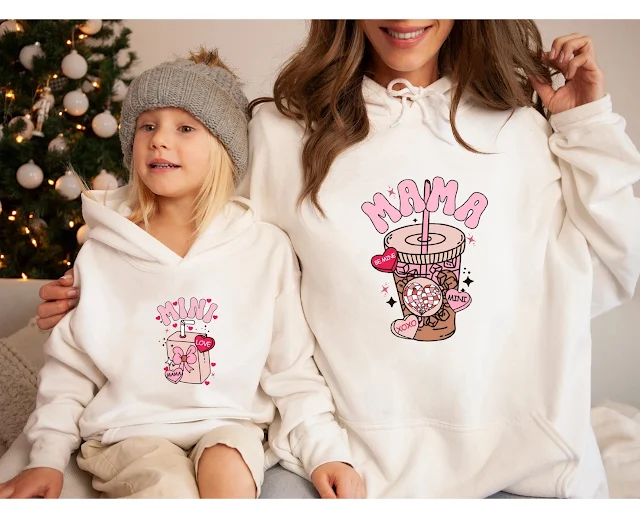 Matching hoodies by TritonShopCo with mini and mama print and drinks