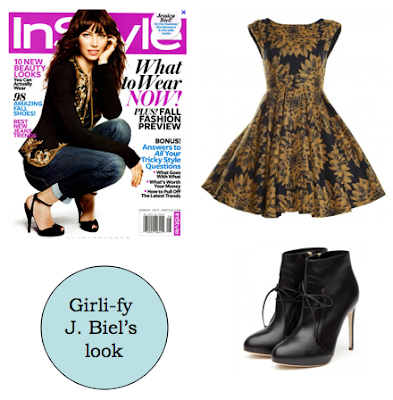 In Style, Jessica Biel, alice + olivia dress, rupert sanderson booties, black booties