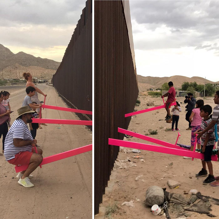 US And Mexico Kids Play Together On Seesaws Built On The Border Wall In Defiance Of Donald Trump