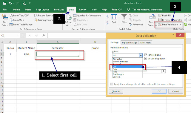 Drop down list in excel