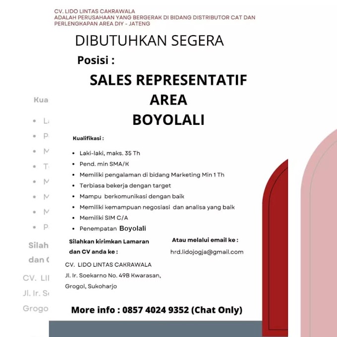  LOKER SALES AREA BOYOLALI