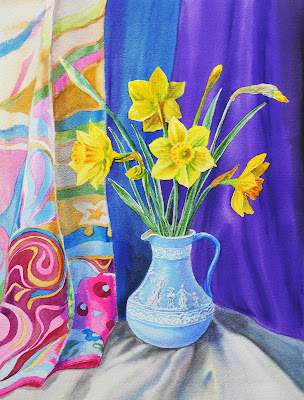 Still life with vase and daffodils painted in watercolor 