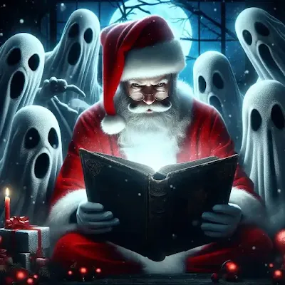 Papai Noel lendo um livro sinistro e à sua volta os fantasmas olham para o livro, em um estilo de arte de fantasia sombria