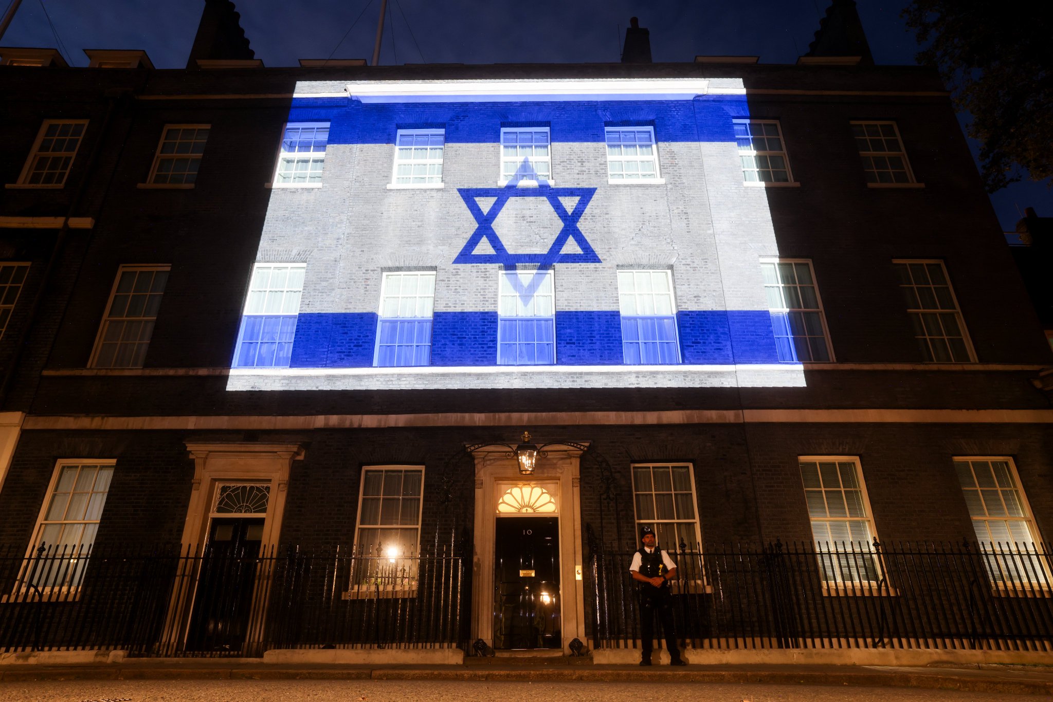Flag of Israel illuminates Downing Street as Prime Minister of the United Kingdom (UK), Rishi Sunak, assures Israel of UK's support