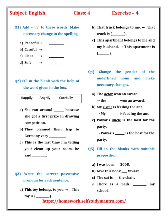 English Worksheet 4 | English Worksheet for Grade 4, Class 4 English Worksheet, English Homework for Class 4