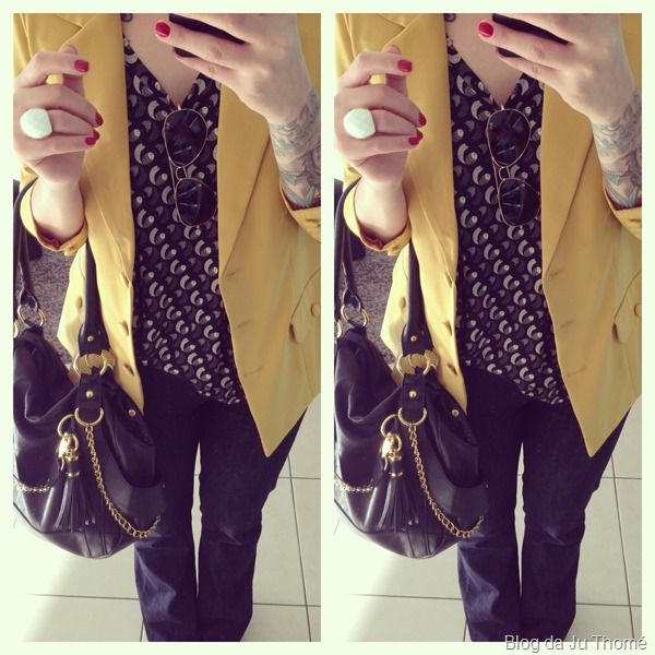 look jeans flare, blazer mostarda e bolsa preta (2) look jeans flare, blazer mostarda e bolsa preta (2)