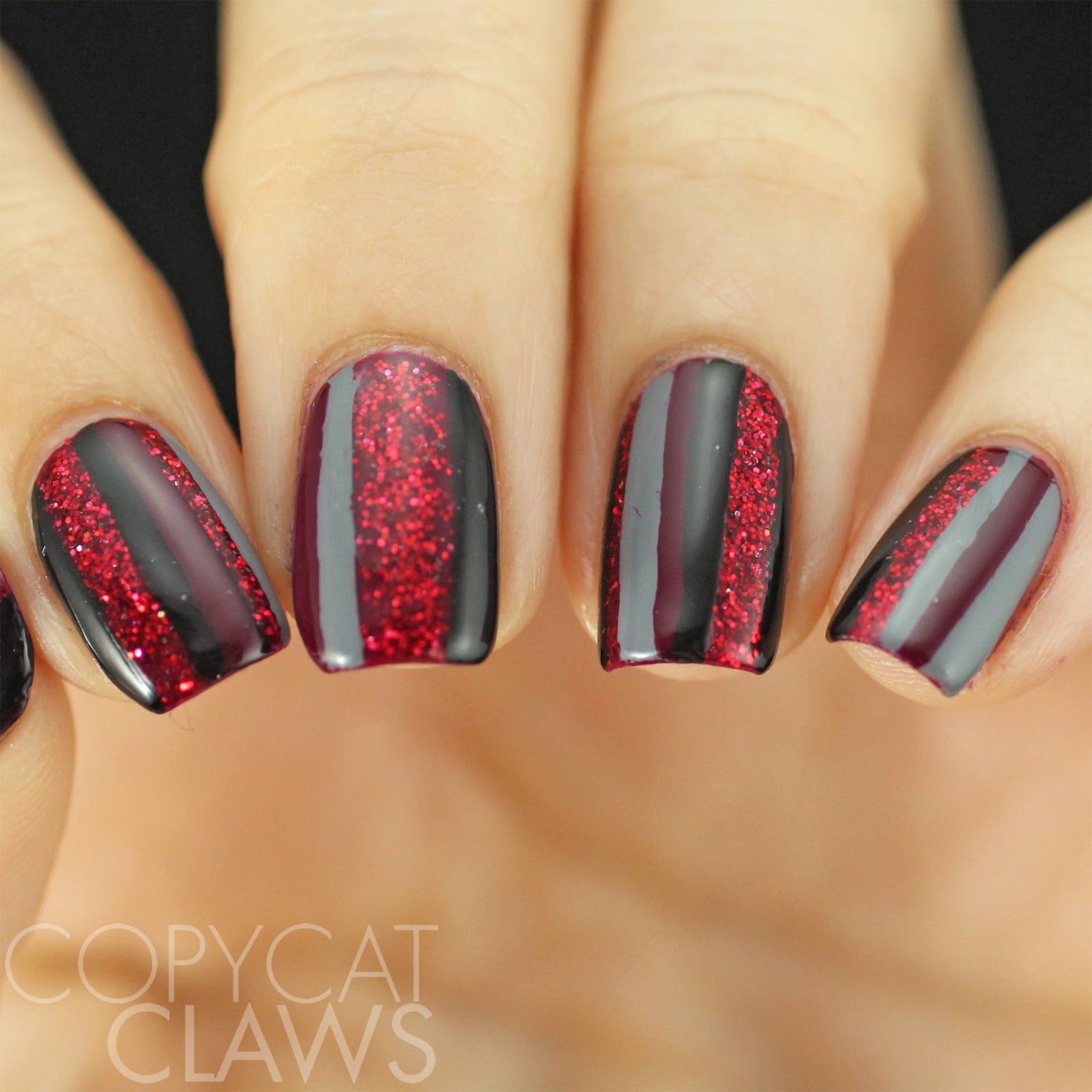 Acrylic nails with red gelish gel polish ,black glitter on… | Flickr