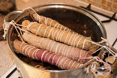 Natural dyeing. Bundles being steamed.