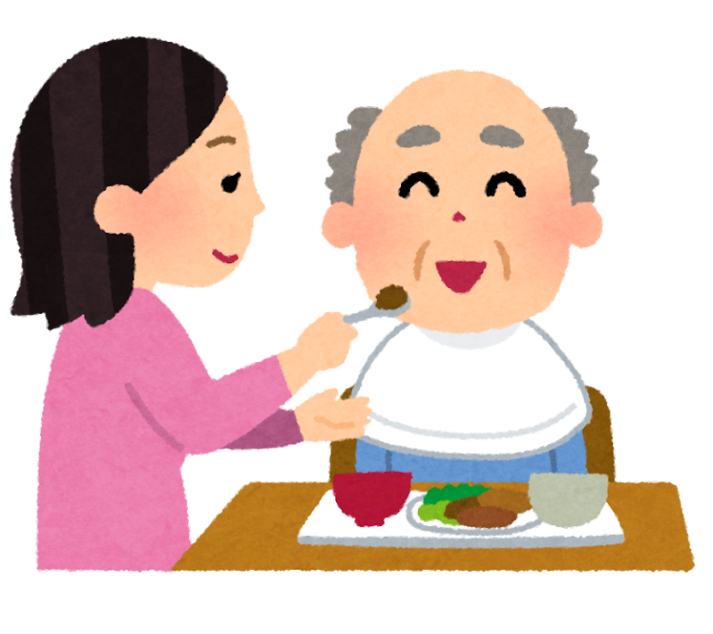 食事介助のイラスト おじいさんとヘルパーさん かわいいフリー