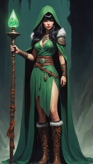 A powerful druidess rendered in AI art, adorned in elemental attire and forest runes. A stunning visual for fans of fantasy, druids, or character inspiration.
