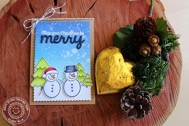 Sunny Studio Stamps: Christmas Icons Snowman Card by Eloise Blue (using Gleeful Reindeer, Merry Sentiments & Birthday Smiles).