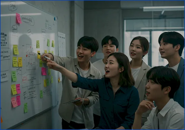 화이트보드 앞에서 활발하게 브레인스토밍하며 협업하는 한국인 직장인들의 모습.