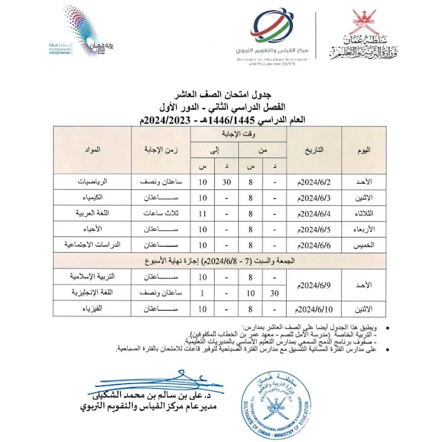 جدول اختبارات الصف العاشر ٢٠٢٤ سلطنة عمان
