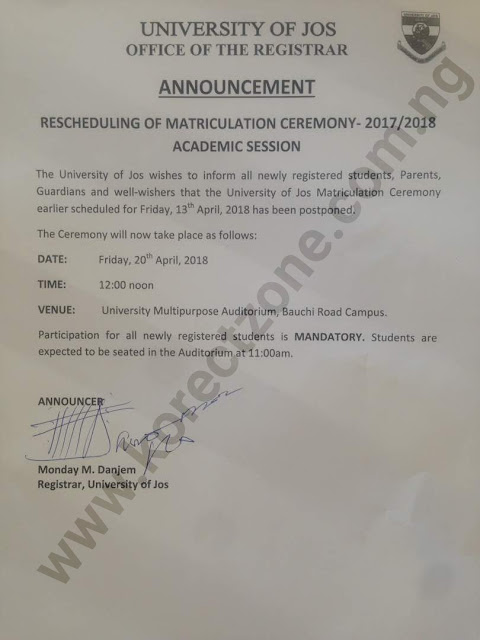 Official letter of Unijos 2017/2018 Matriculation Rescheduling by School Registrar