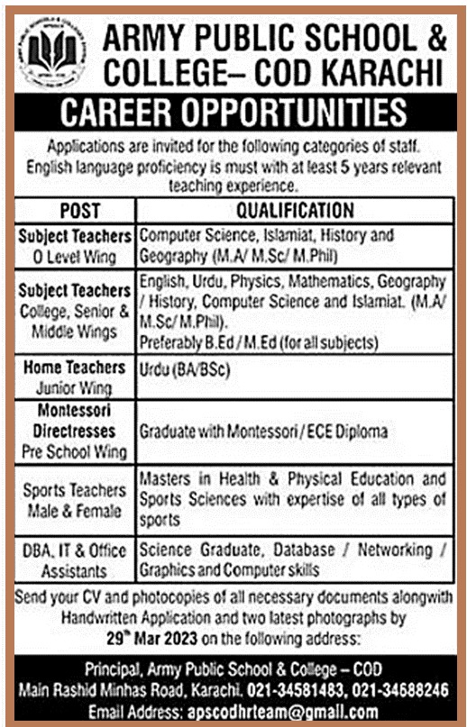 Army Public School and College COD Karachi Jobs 2023