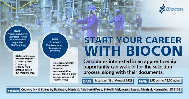 Biocon Pharma | Walk-in interview for Freshers on 19th Aug 2023