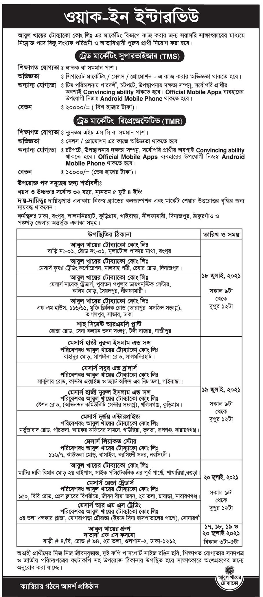 আবুল খায়ের টোব্যাকো কোং লিঃ এর নতুন নিয়োগ বিজ্ঞপ্তি প্রকাশ