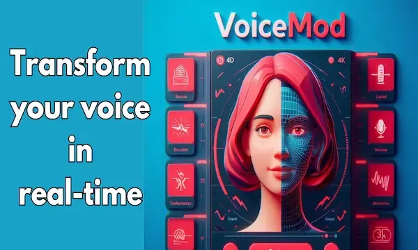 a digital graphic or advertisement for a voice transformation software called “VoiceMod”. The central graphic is a smartphone displaying the VoiceMod application interface.