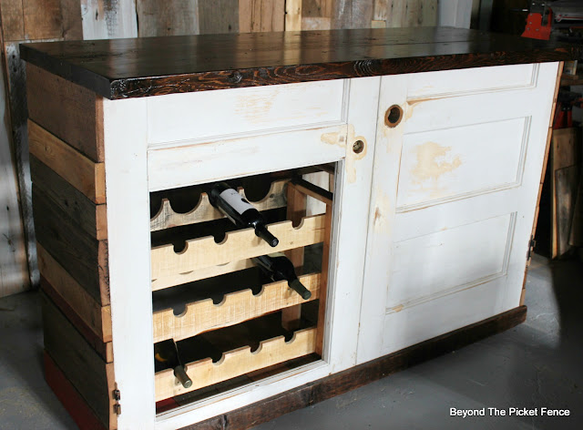 rustic bar, old door, upcycled, wine rack, pallet wood, barnwood, http://bec4-beyondthepicketfence.blogspot.com/2016/03/rustic-old-door-bar-diy.html