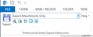 MessageExport toolbar in Outlook 2013 showing "Export Attachments Only" setting.