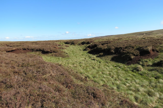 A moorland landscape of peat hags and groughs covered in grasses.