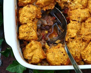 Supper Casserole with Pumpkin & Green Chile Cornbread Topping