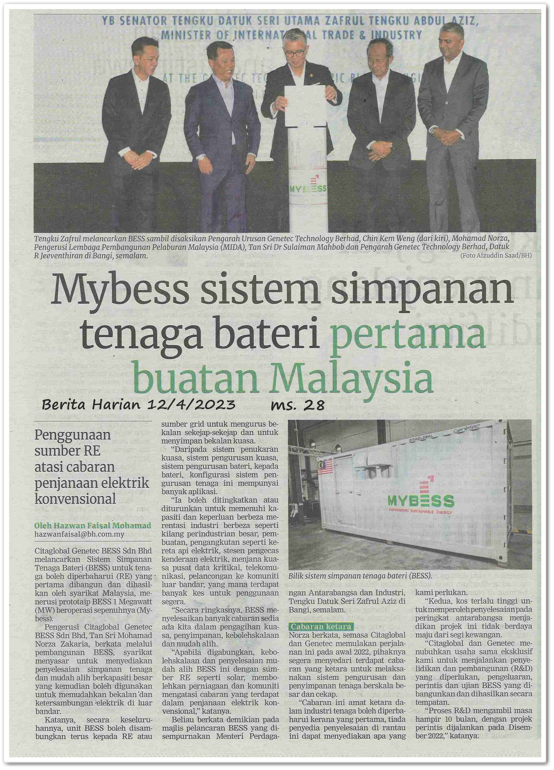 Mybess sistem simpanan tenaga bateri pertama buatan Malaysia - Keratan akhbar Berita Harian 12 April 2023