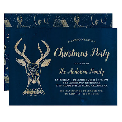  Woodland Deer Watercolor Navy Gold Christmas Party Invitation