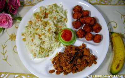 Vegetable rice, fried sweet potato balls and spicy chicken curry