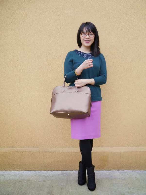 J. Crew green sweater with embellished neckline, orchid wook pencil skirt, gold bangle; Beausoleil tortoiseshell glasses; Maison Martin Margiela texturized rubber booties in black; Roots 'Shirley' bag in gold saffiano leather