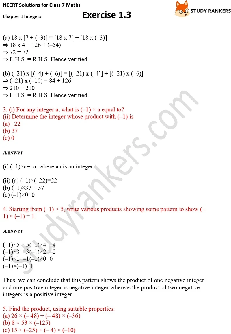 NCERT Solutions for Class 7 Maths Ch 1 Integers Exercise 1.3 2