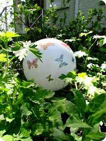 Garden Gazing Ball, How to make a garden ball, how to make a gazing ball, light fixture recycle, Make your own garden ornaments, Mod Podge, Butterflies, handmade garden decor, garden crafts