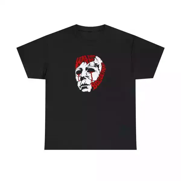 a black shirt with a face of Michael Myers on it