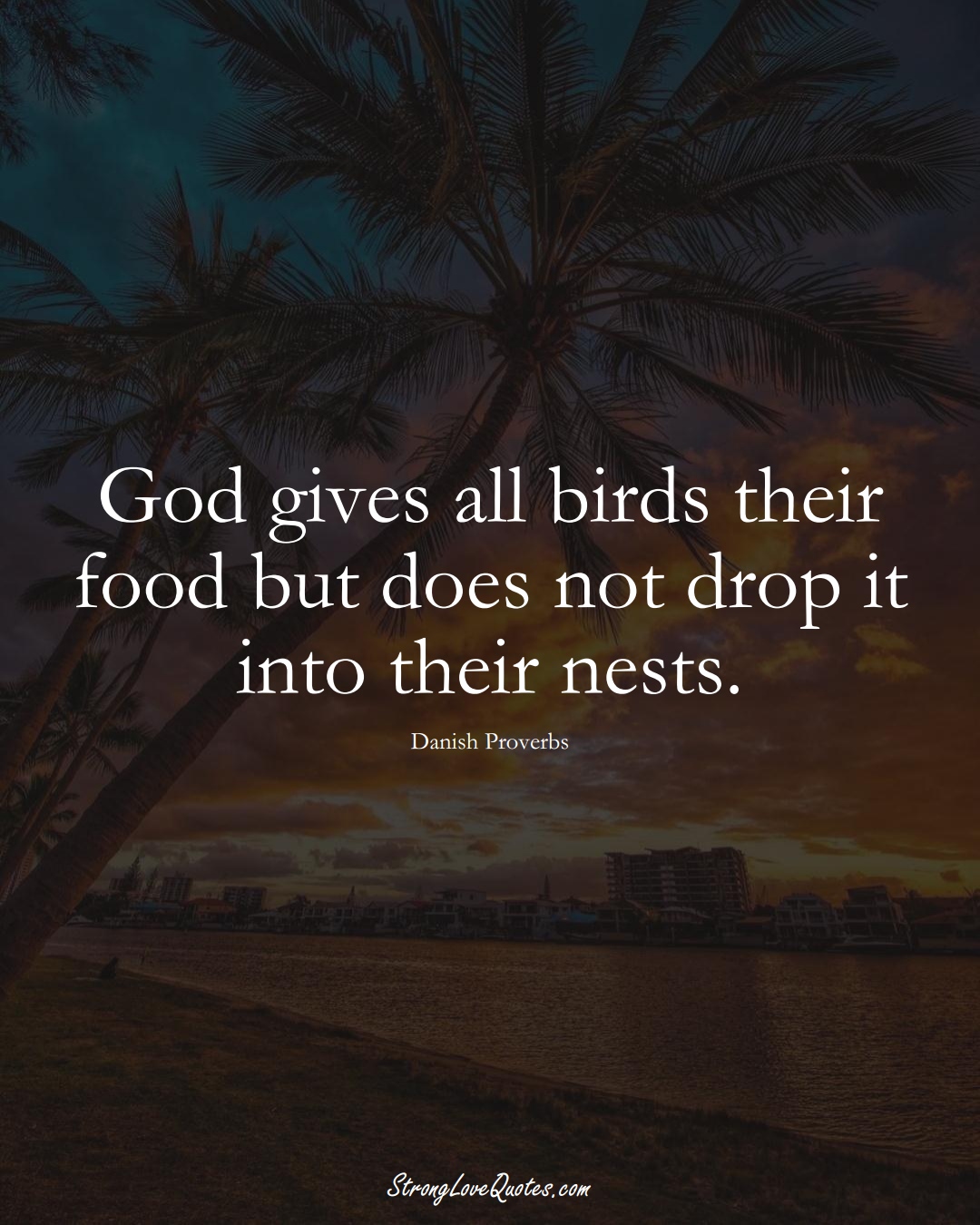God gives all birds their food but does not drop it into their nests. (Danish Sayings);  #EuropeanSayings