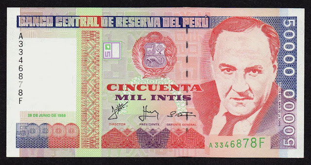 Peru Banknotes 50000 Intis banknote 1988 Victor Raul Haya de la Torre