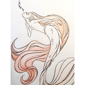 Ink and red colored pencil drawing of a mermaid enchanting the seas with her song