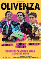 afiche taurino feria olivenza 2024 roca rey morante juan ortega amarillo y fucsia