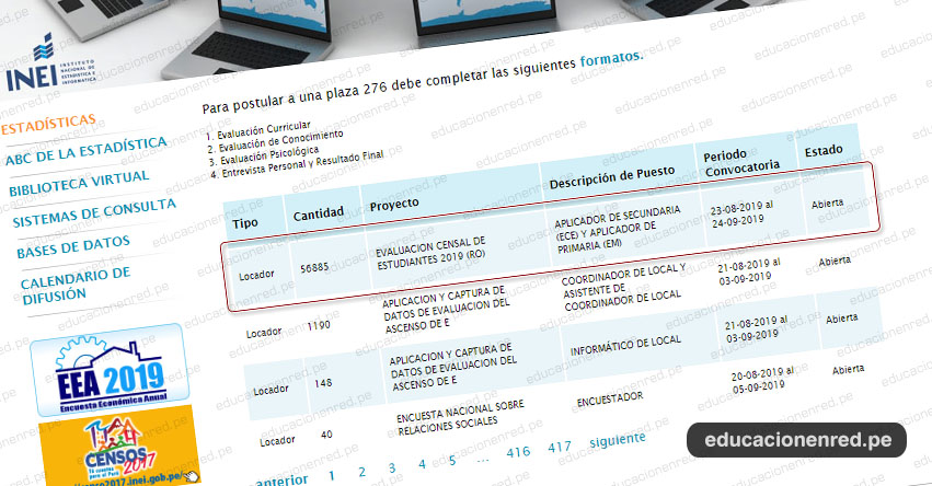 INEI - CONVOCATORIA 2019: 56 mil Aplicadores para Evaluación Censal de Estudiantes - Aplicador ECE - MINEDU (Inscripciones hasta el 24 Setiembre) Nivel Nacional - www.inei.gob.pe