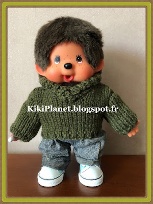 pull col châle, tricot, knitting, handmade, fait main, kiki, monchhichi, vintage, poupée