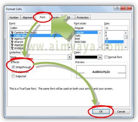  Gambar: Cara mmembuat efek tulisan dicoret (Strikethrough) melalui dialog Format Cells di Microsoft Excel