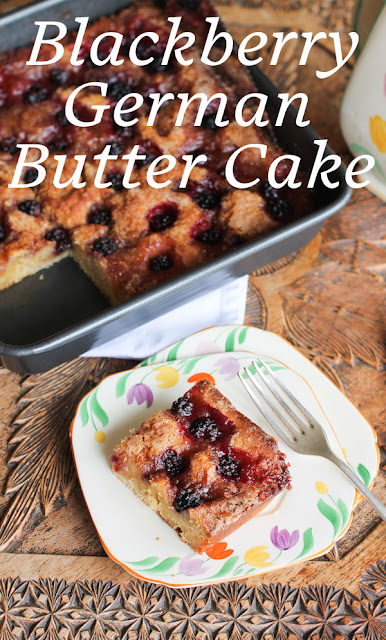 Food Lust People Love: Butterkuchen or German butter cake is baked with a butter enrich yeast dough, that is topped with sugar and yet more butter. In this version, I've named Brombeere-Butterkuchen or Blackberry German Butter Cake, I’ve also added some wild blackberries to the topping.