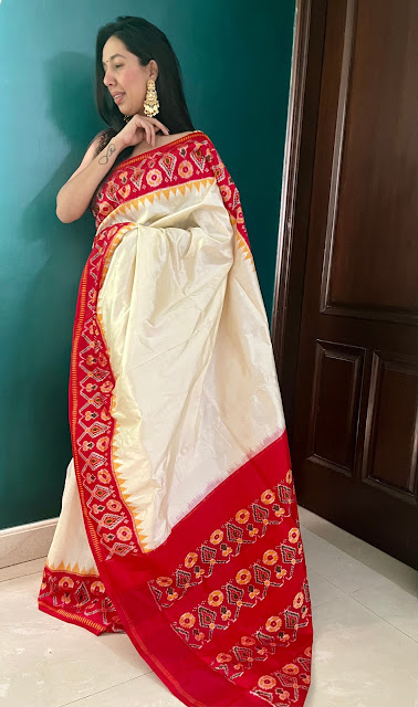 Lush red and pearl white silk pochampally saree