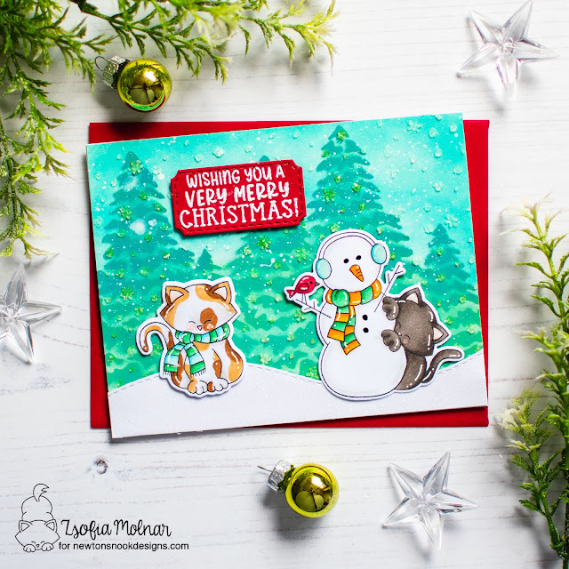 A Very Merry Cat Christmas Card by Zsofia Molnar | Newton's Curious Christmas and Holiday Mischief Stamp Sets, Evergreens Stencil, Petite Snow Stencil and Land Borders Die Set by Newton's Nook Designs #newtonsnook #handmade