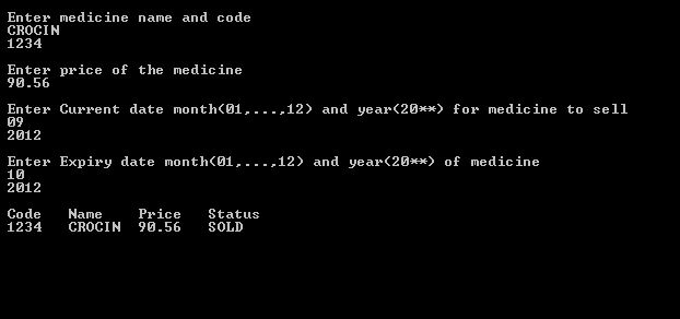 output of program to show sold medicine details after checking using structures in C++ (OOPs)