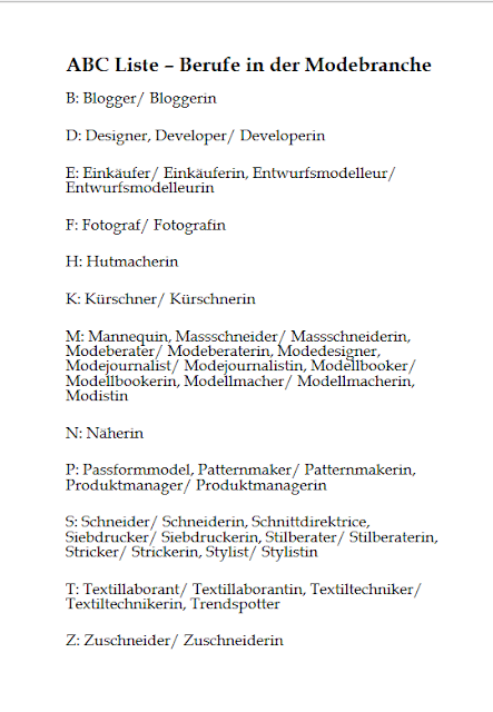 ABC Liste - Berufe in der Modebranche