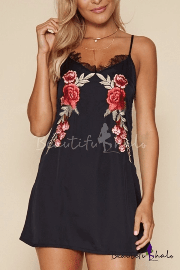 Summer's Lace Trim Floral Print Sexy Mini Slip Dress