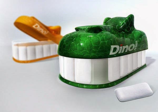 Embalagem de chiclete que simula dentes de dinossauro.